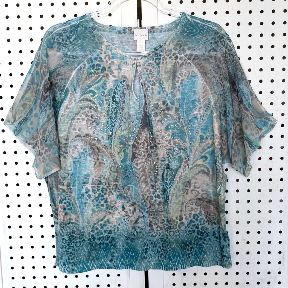 Chicos Womens SIZE 1 US 8-10 Embellished T-Shirt Top Short Sleeve
